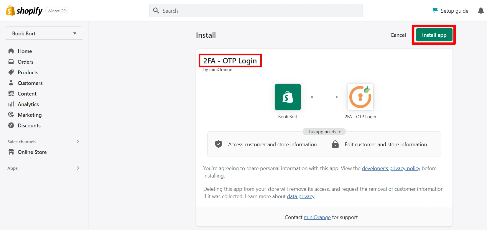Shopify OTP Login - Login with OTP Shopify - click on install