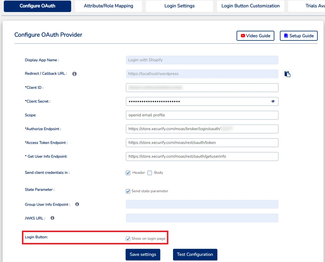 WordPress Shopify SSO login button setting