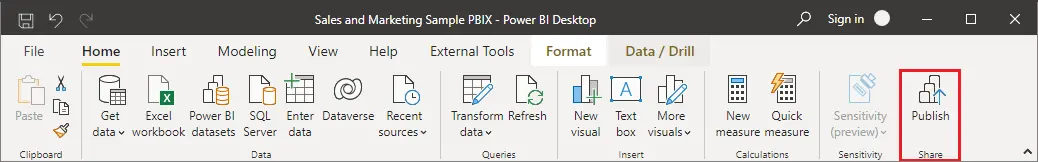 Row Level Security in WordPress PowerBI - Select Publish
