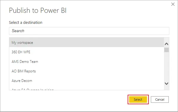 Row Level Security in WordPress PowerBI - Select workspace