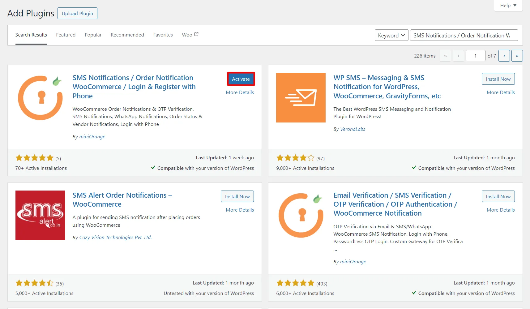 WooCommerce SMS notifications - Activated Woocommerce notification plugin