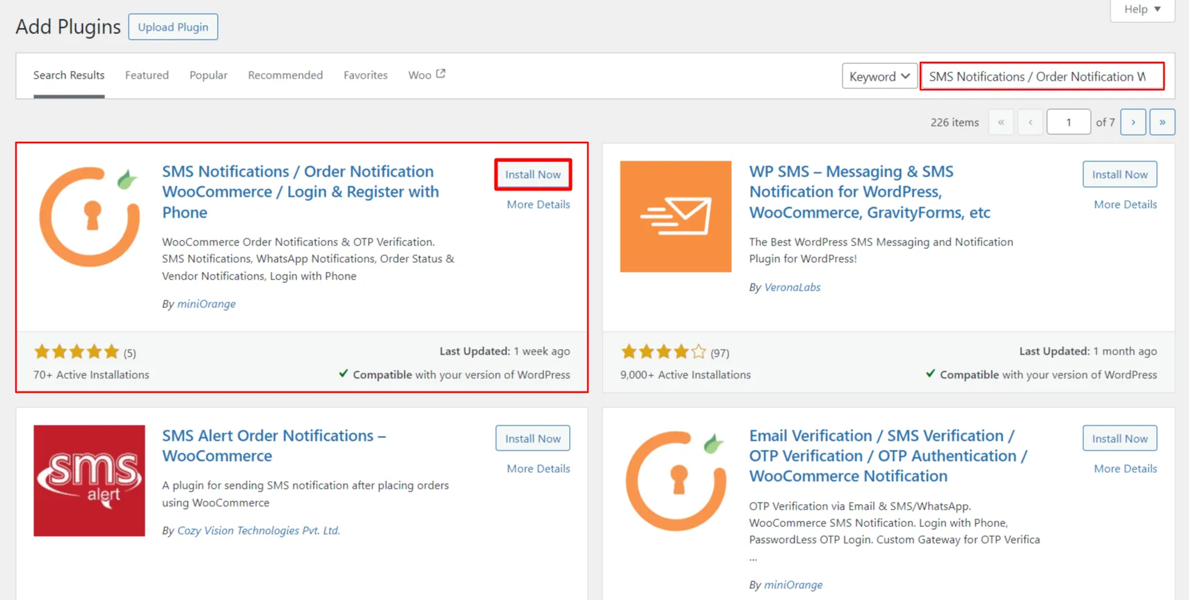 WooCommerce SMS notifications - Search plugin name