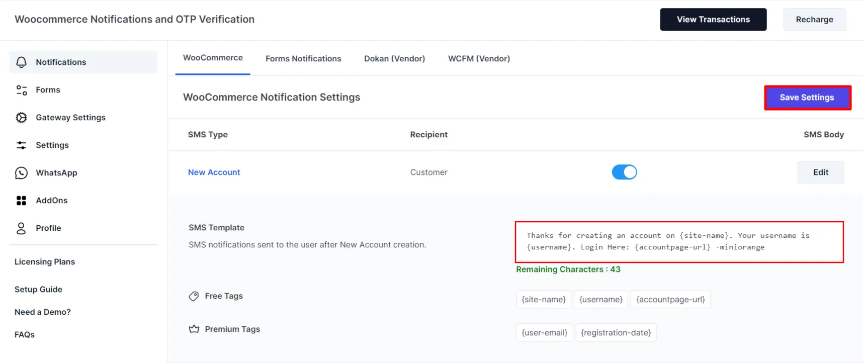 WooCommerce SMS notifications - Click save settings button