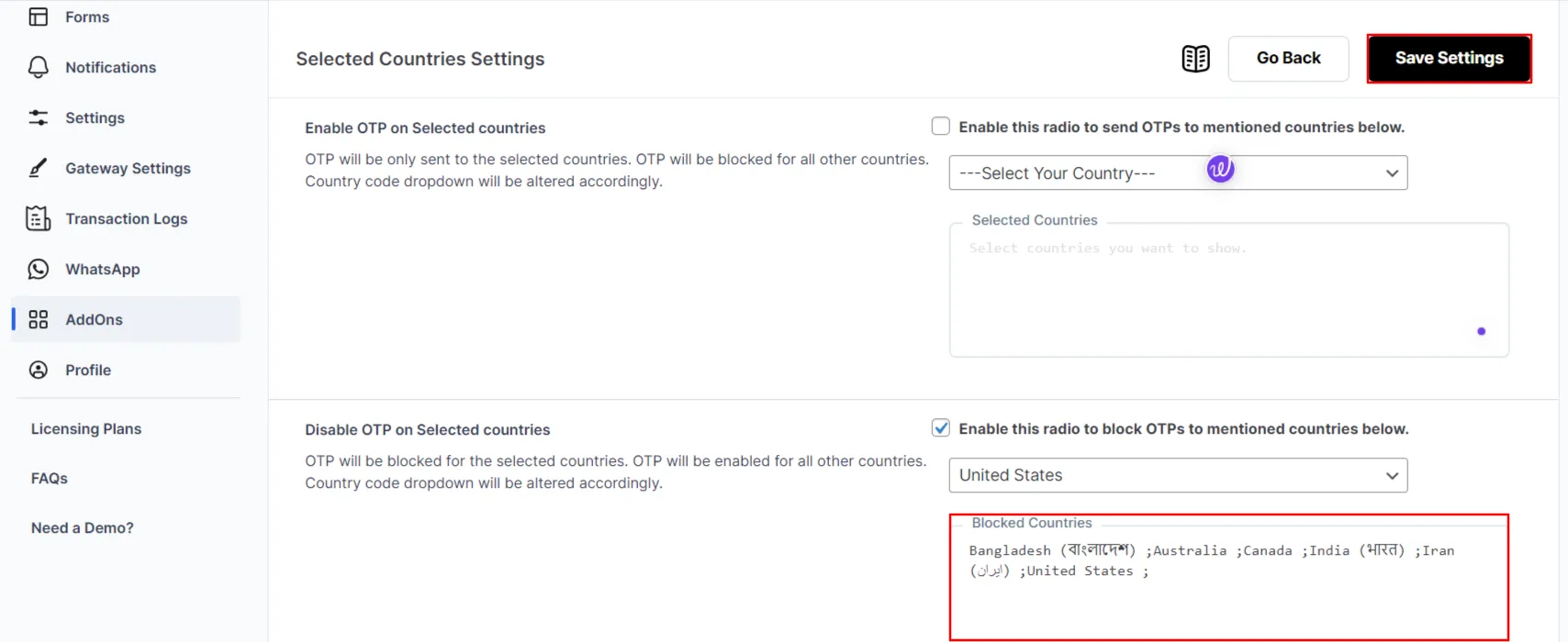 Country OTP - Selected block countries