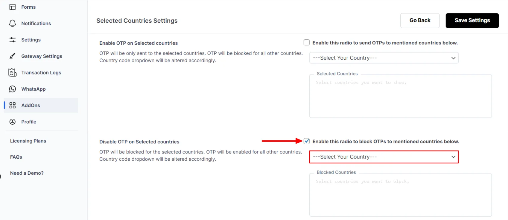 Country OTP - Enable block OTPs to countries