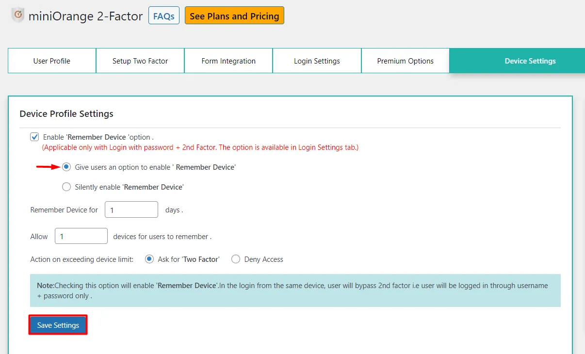 2FA Remember Device - Click save settings