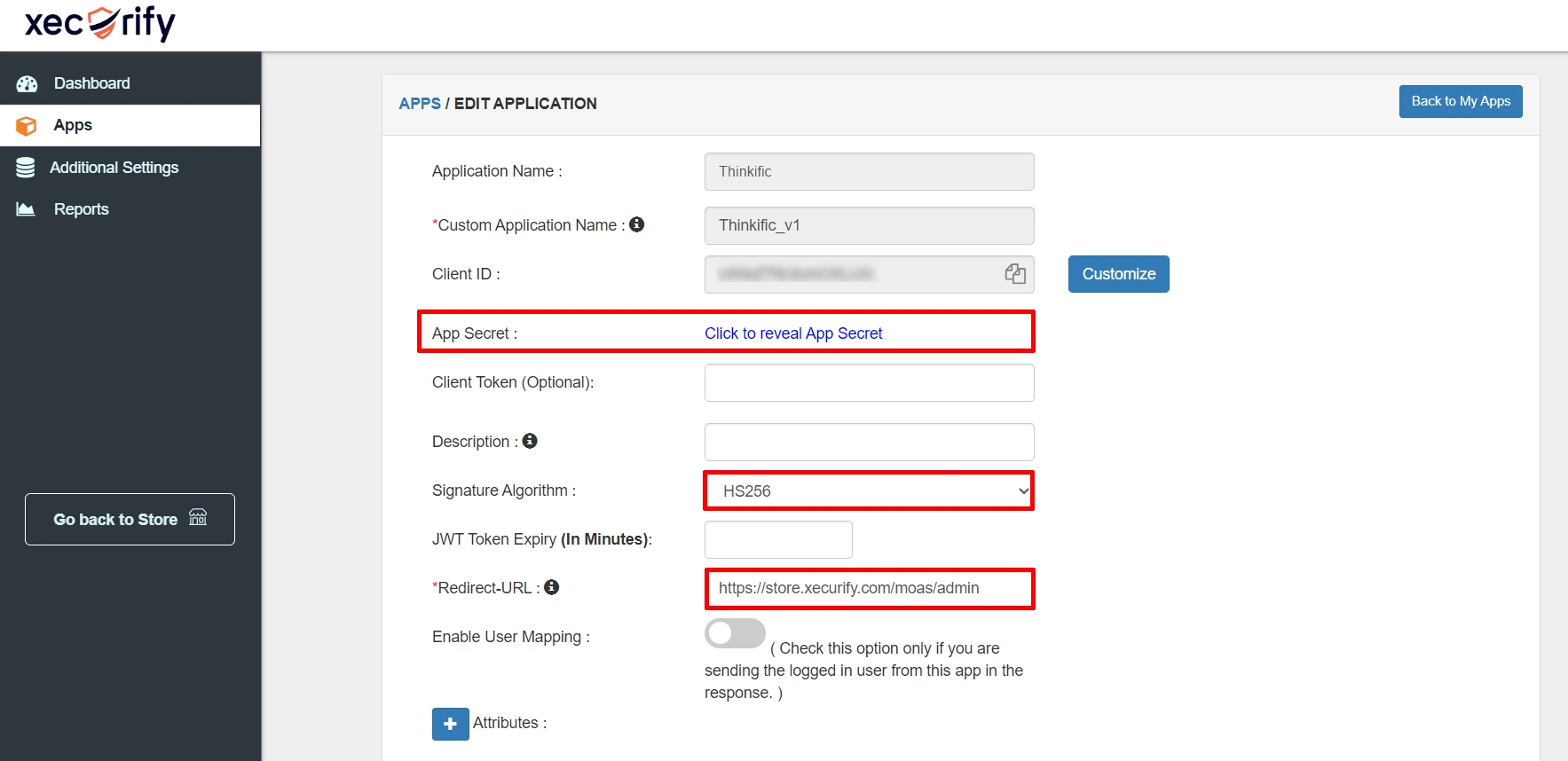 App Secret Endpoint URL and Signature Algorithm