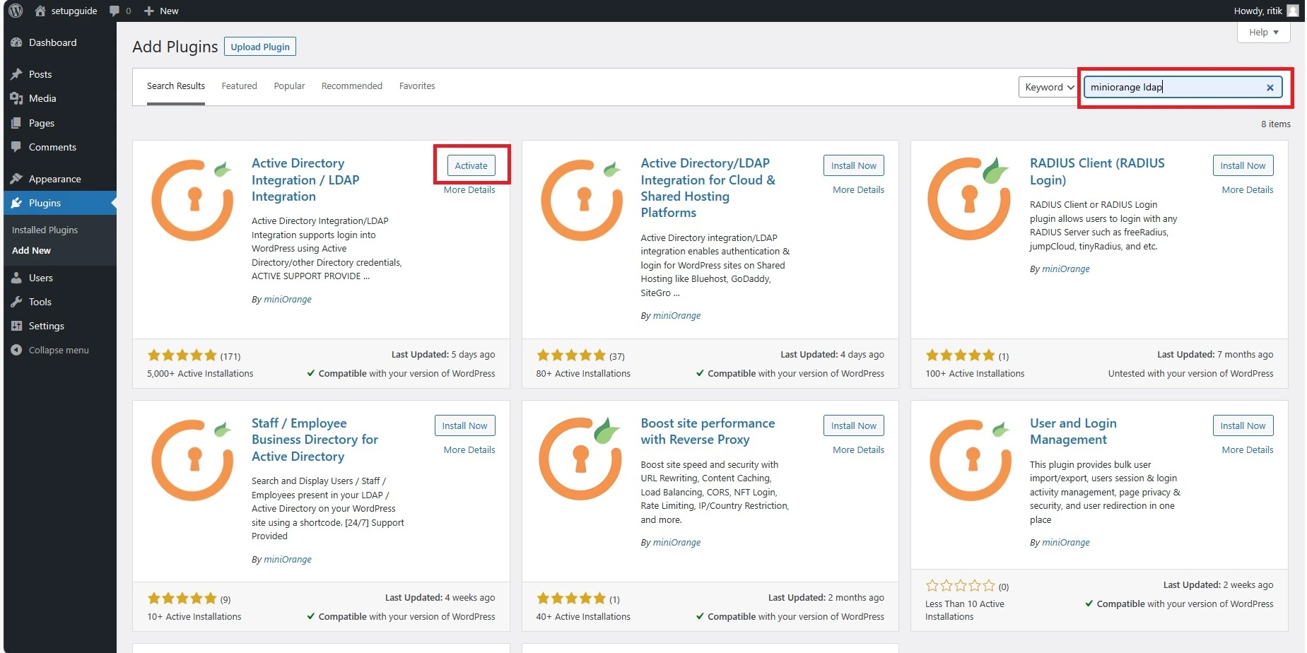 Activate the miniOrange active directory integration LDAP integration plugin