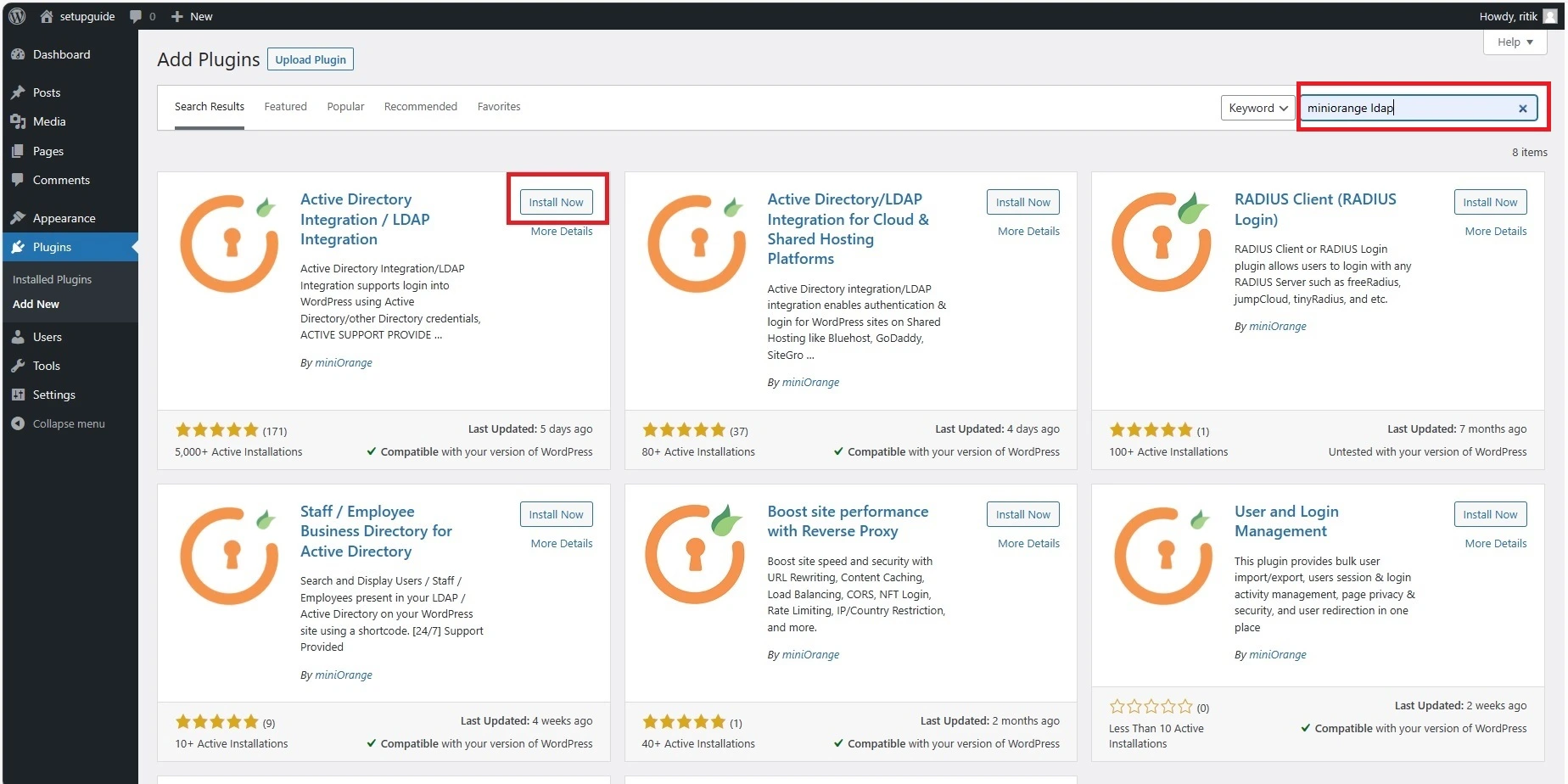Search and Install the miniOrange active directory integration LDAP integration plugin