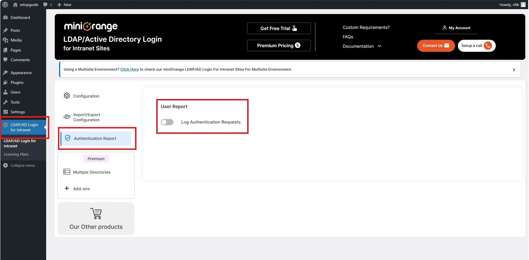 miniOrange Active Directory Integration LDAP Integration LDAP Authentication Reports Tab