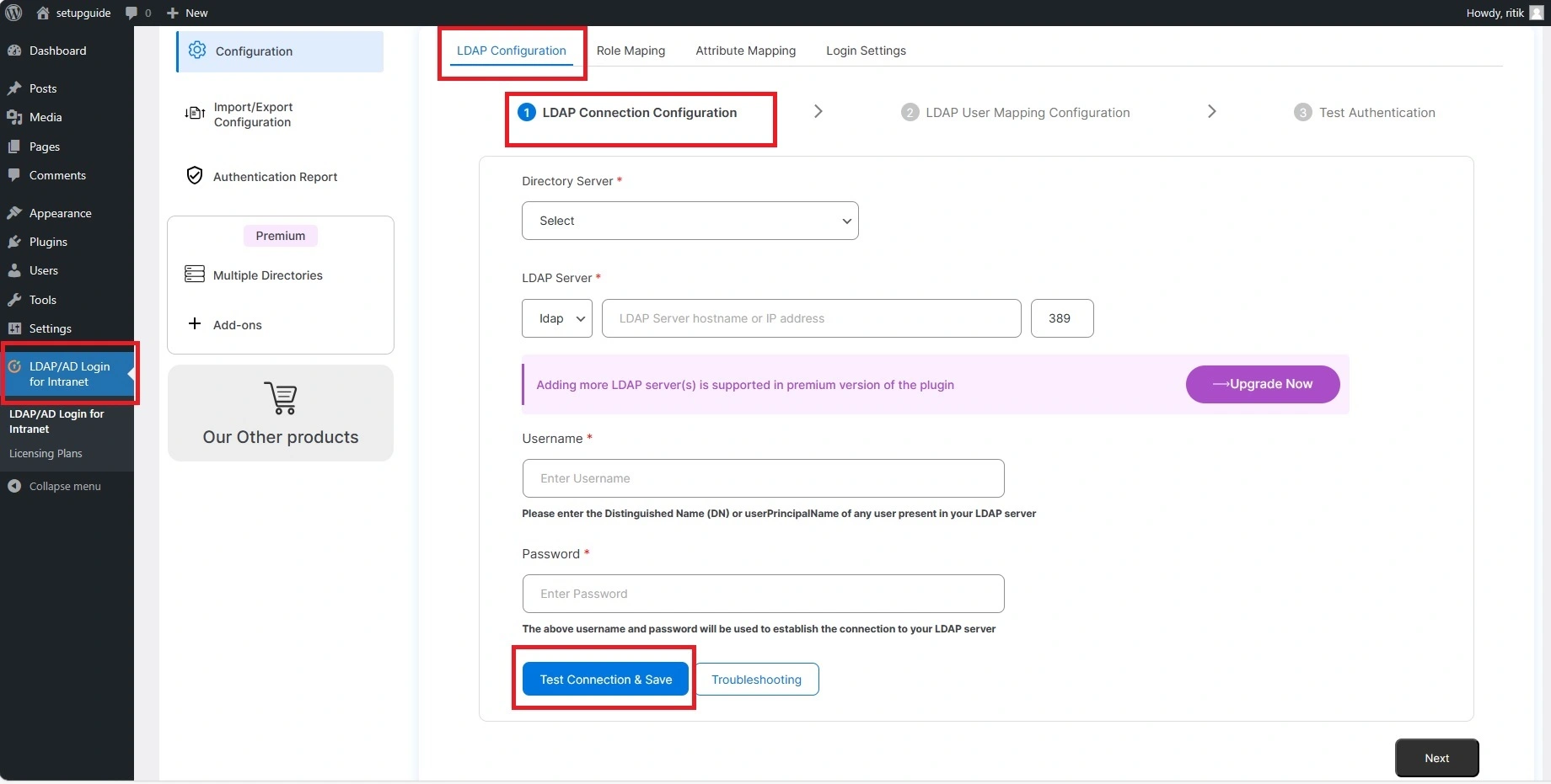 WordPress miniOrange Active Directory Integration LDAP Integration LDAP Connection Information Tab