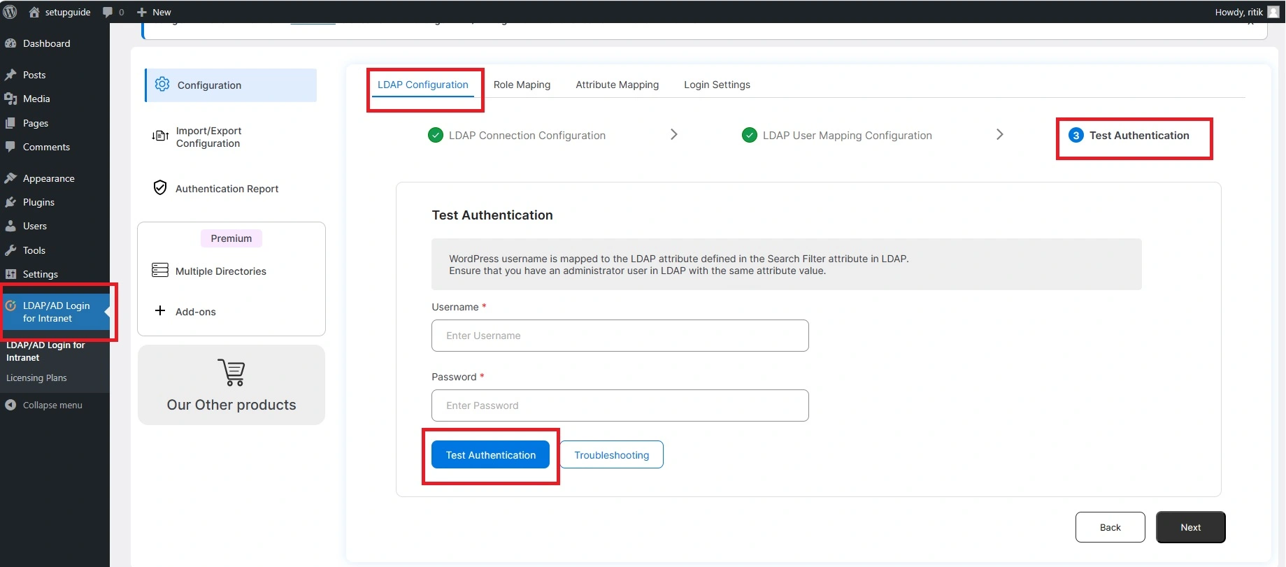 miniOrange Active Directory Integration LDAP Integration LDAP Test Authentication