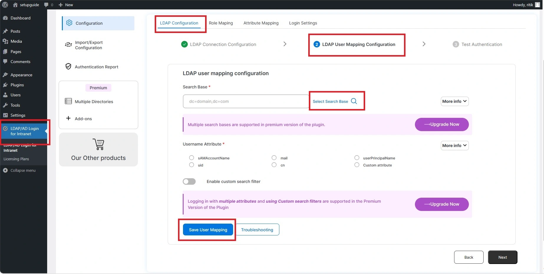 miniOrange Active Directory Integration LDAP Integration LDAP User Mapping Configuration section