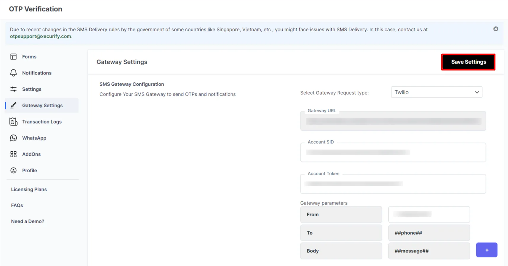 Twilio for WordPress - Fill all details