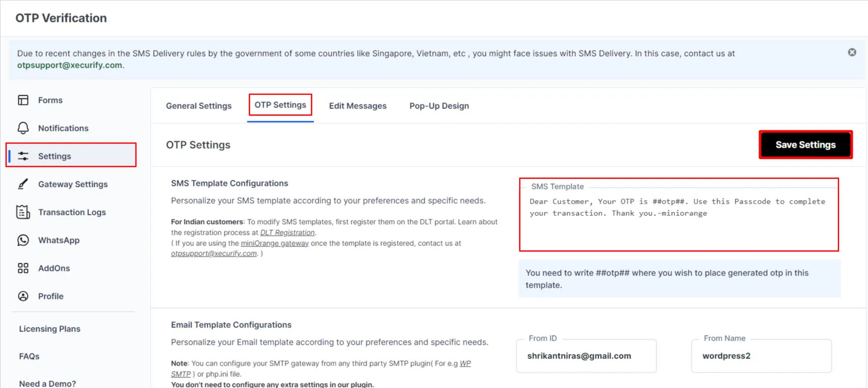 Twilio OTP Verification - Go to settings tab