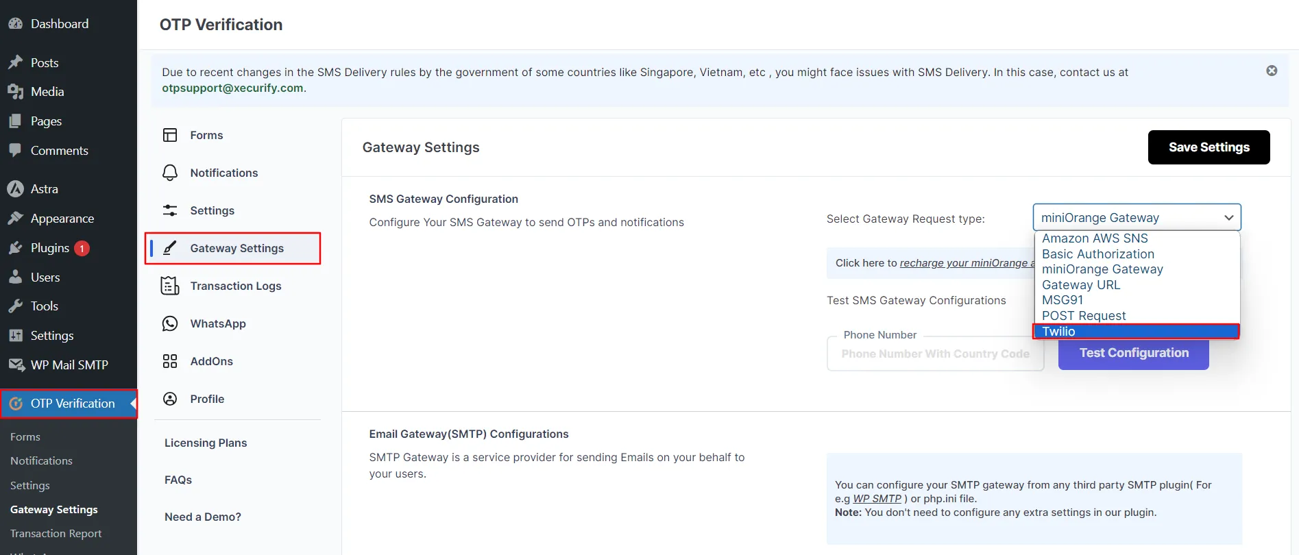 Twilio Gateway for OTP Verification - Go Gateway setting tab