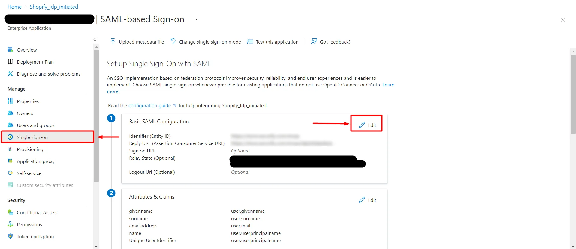 Edit SAML Configuration - Shopify Azure AD SSO