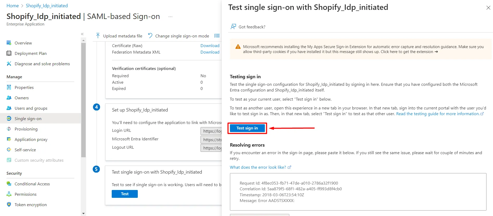 Test Sign In - Shopify Azure AD SSO