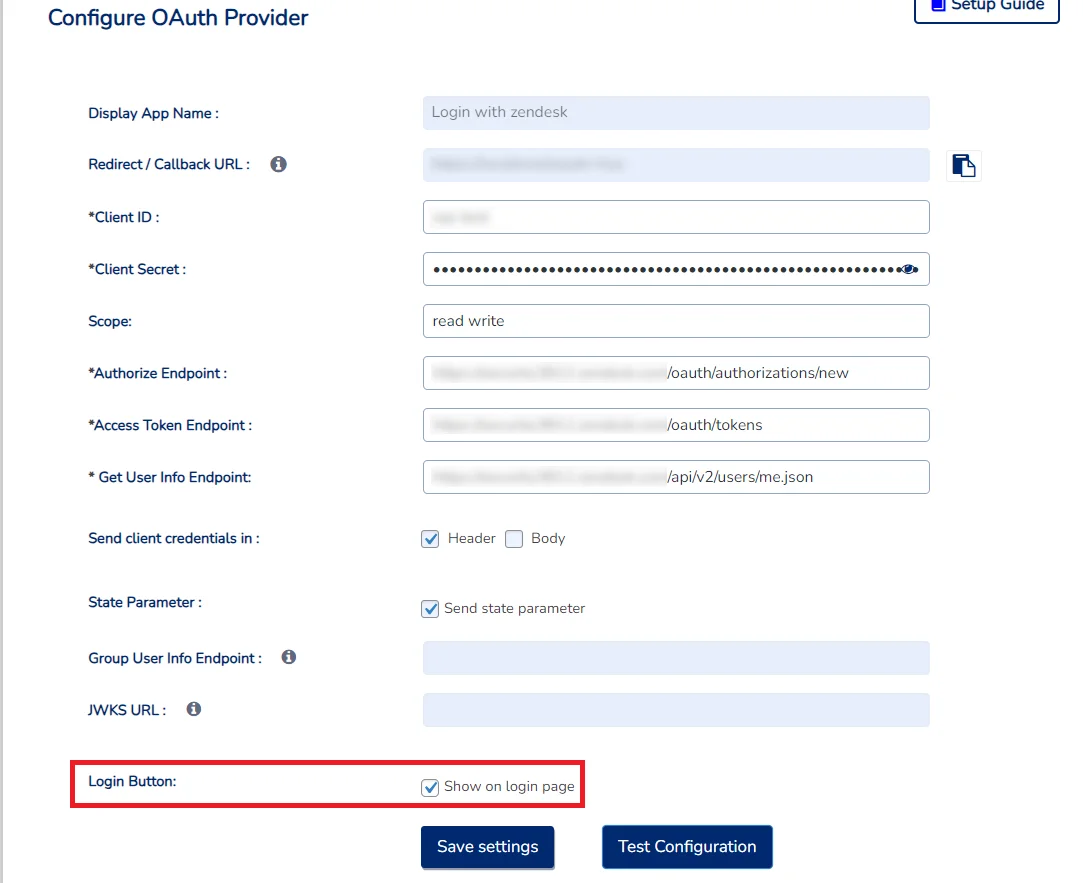 Zendesk Single Sign-on (SSO) - WordPress create-newclient login button setting