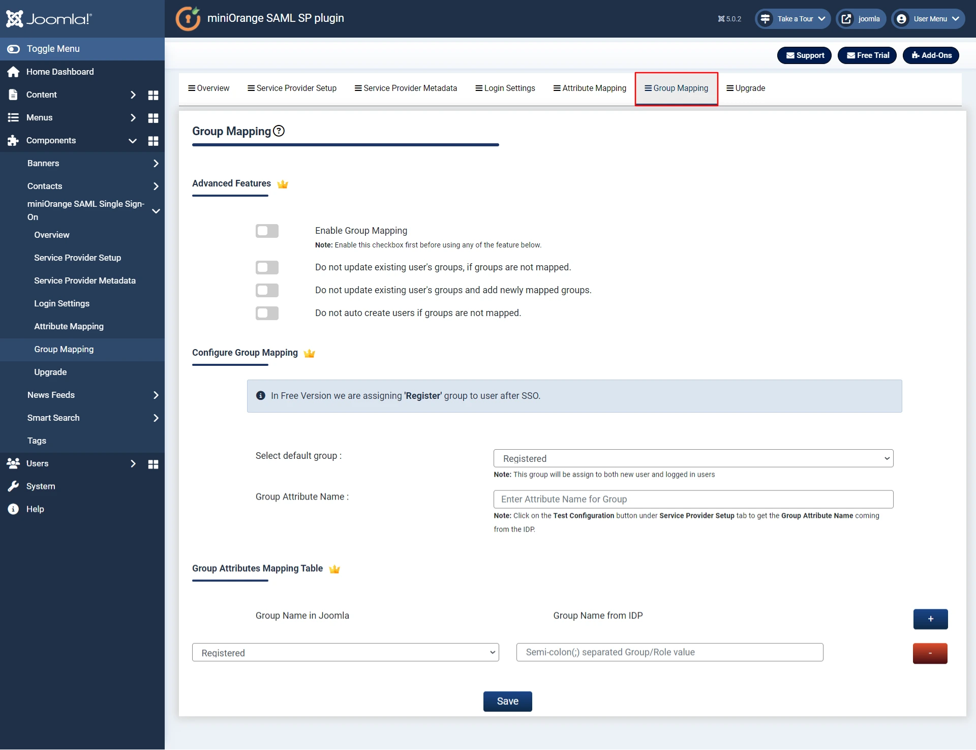 Joomla SAML SSO Group Mapping