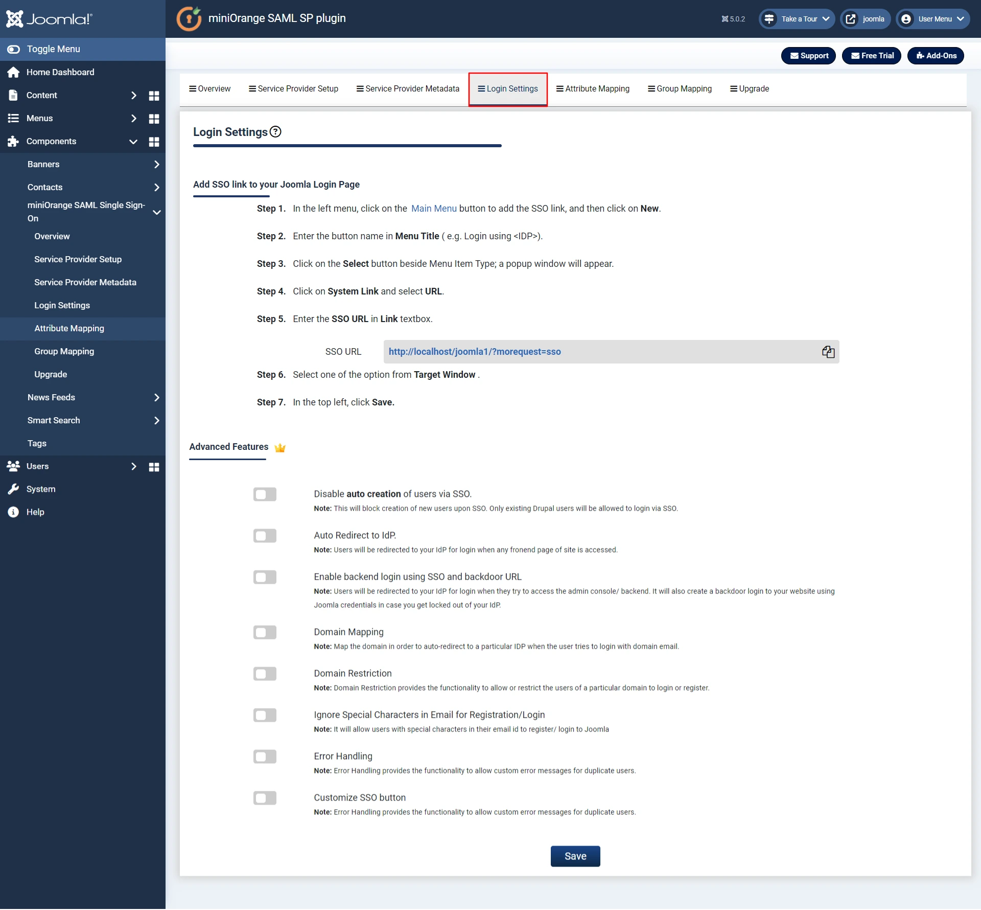 Joomla Single Sign On SSO SAML SP Signin Settings