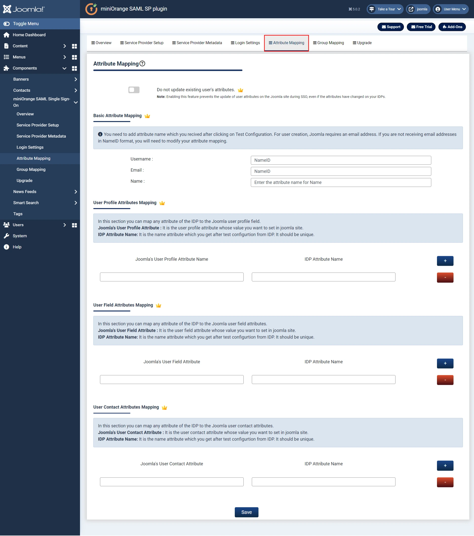 Joomla SAML Attribute Mapping