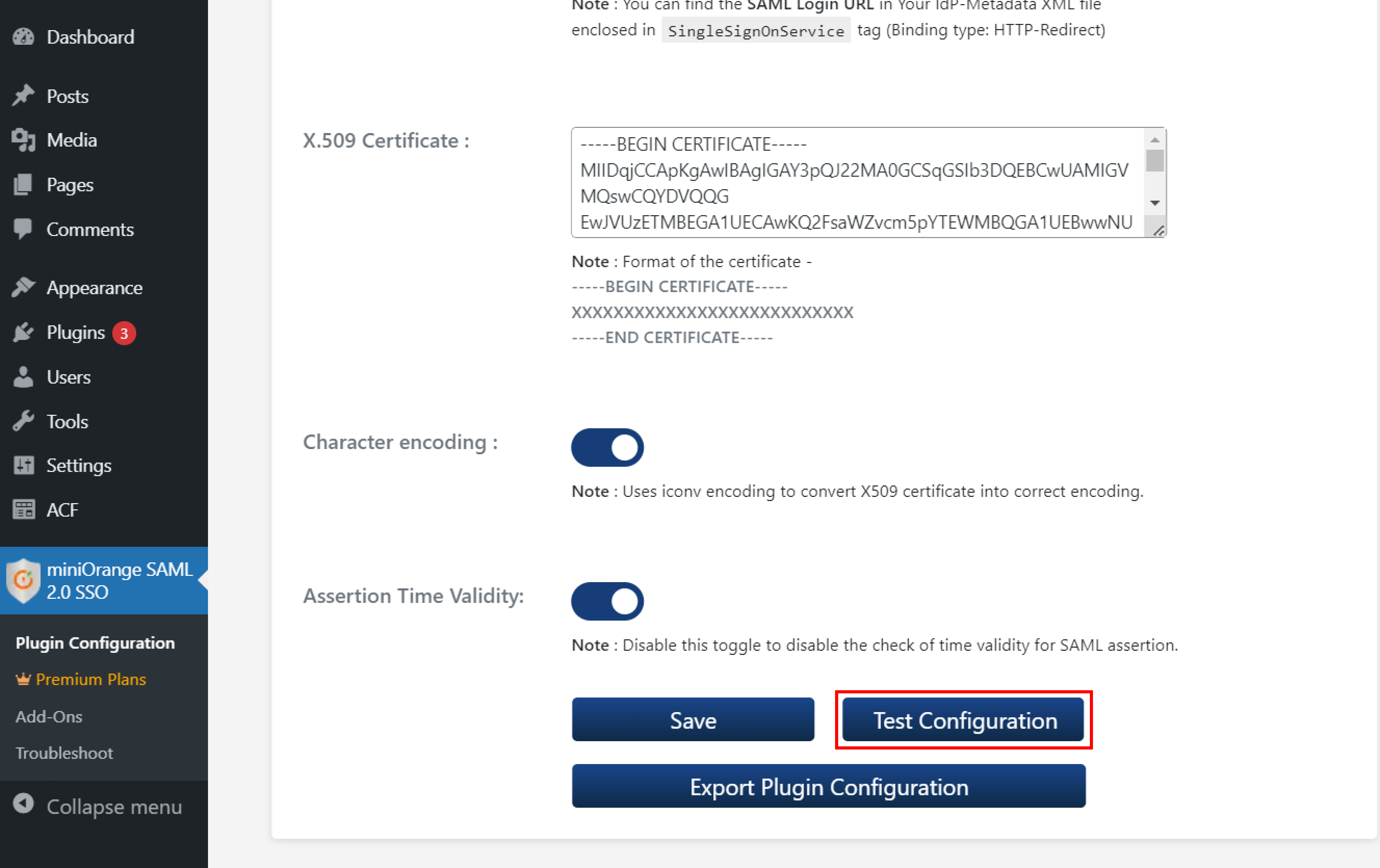 WordPress SAML Single Sign-On (SSO) Test configuration