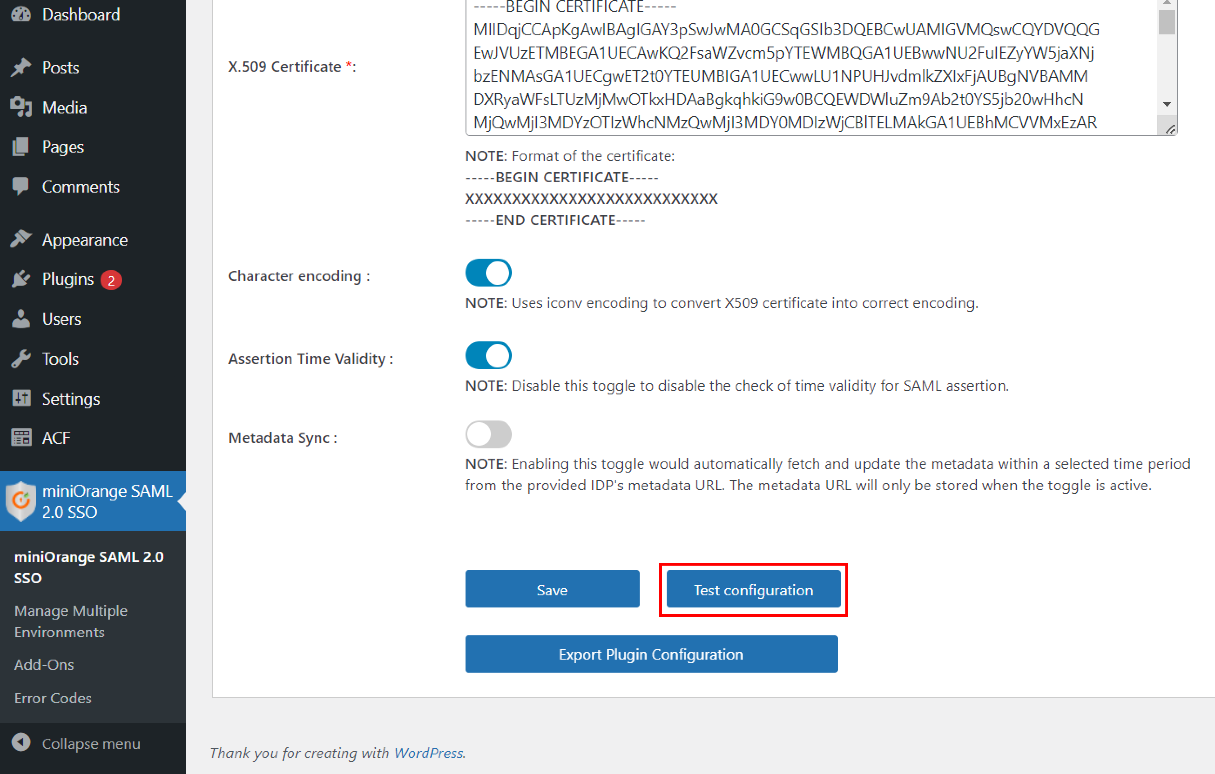 WordPress SAML Single Sign-On (SSO) Test configuration