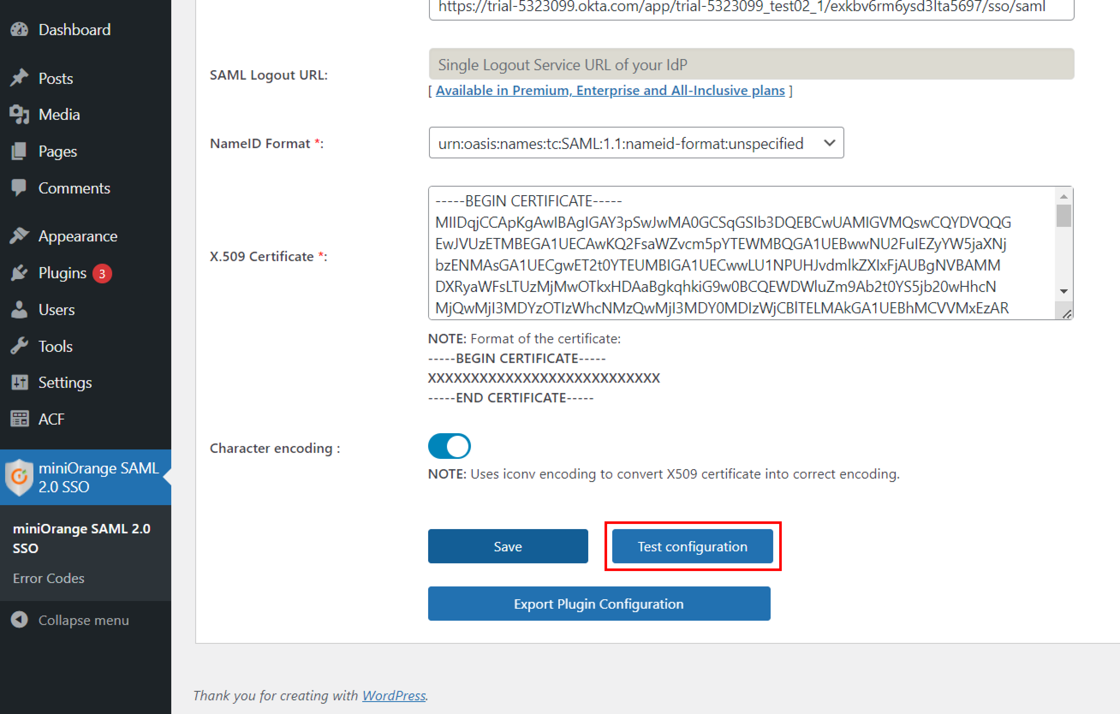 WordPress SAML Single Sign-On (SSO) Test configuration