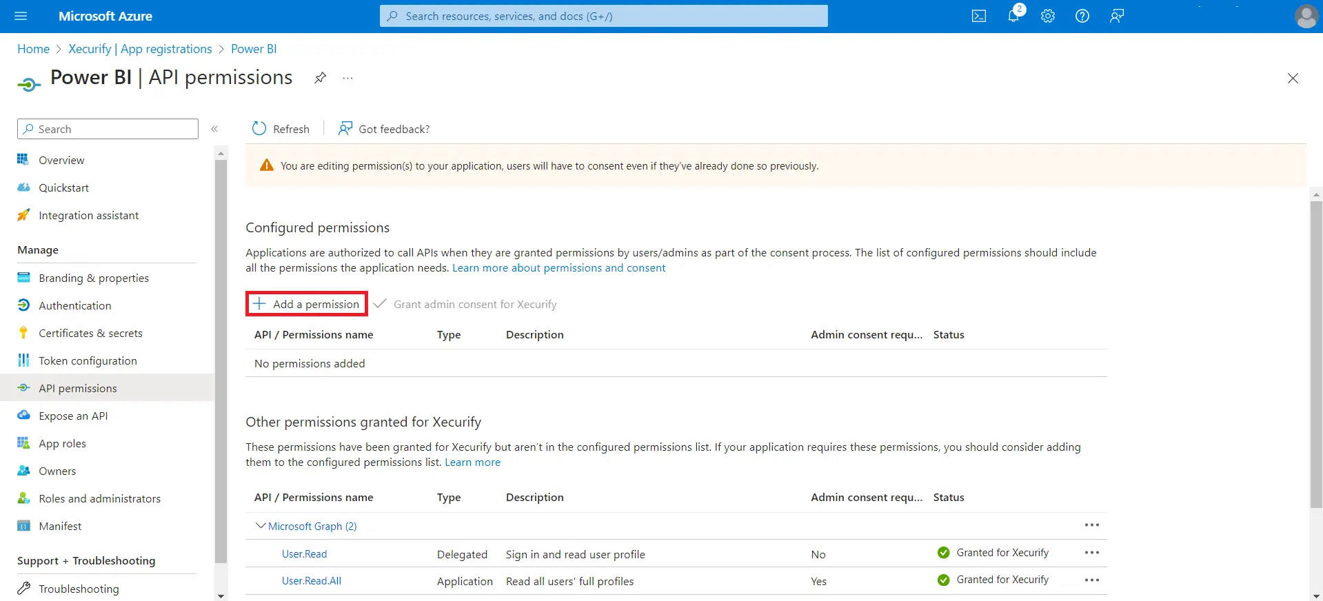 WordPress Power BI |  Add a permission