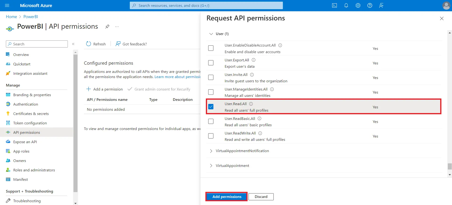 WordPress Power BI |  Select permission