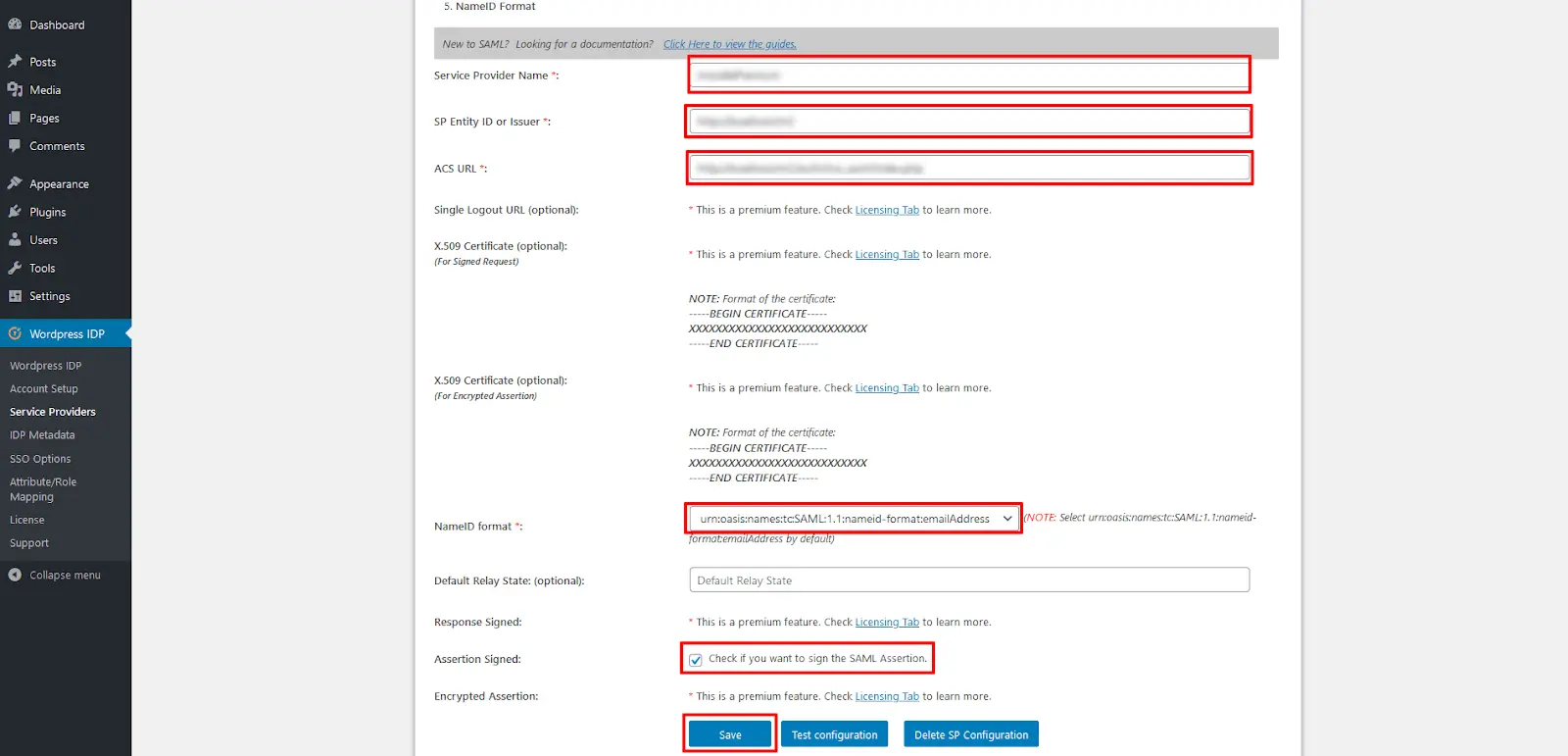 Shopify Wordpress SSO SAML - Fill SP metadata in IDP configuration