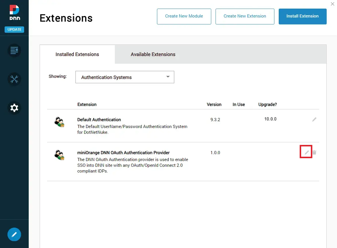 DNN OAuth SSO - Authentication Provider pencil icon