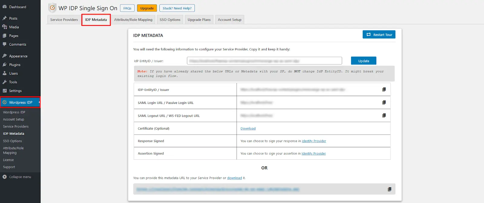 Shopify Wordpress SSO SAML - Copy IDP Metadata URL