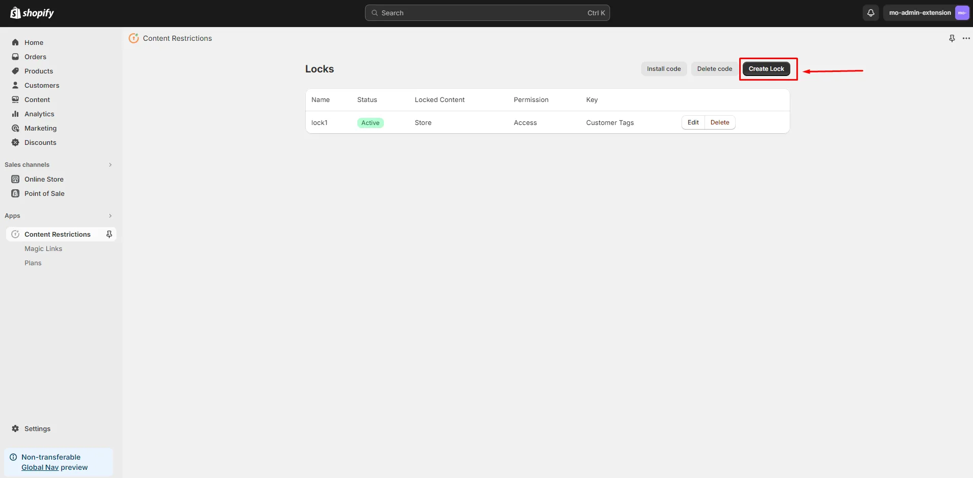 Shopify LockOn Restrict Content Application - create new lock