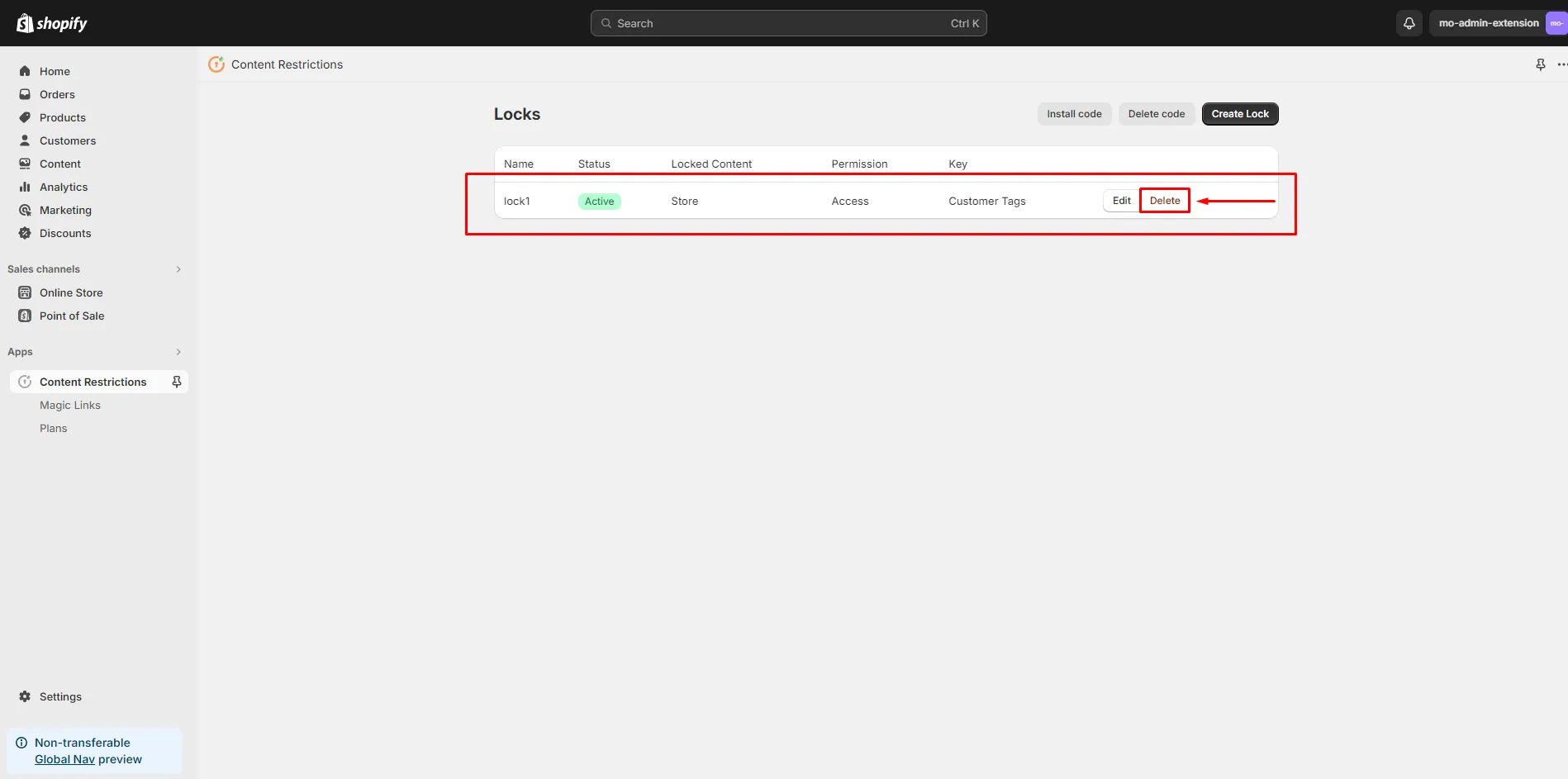 Shopify LockOn Restrict Content Application - delete lock