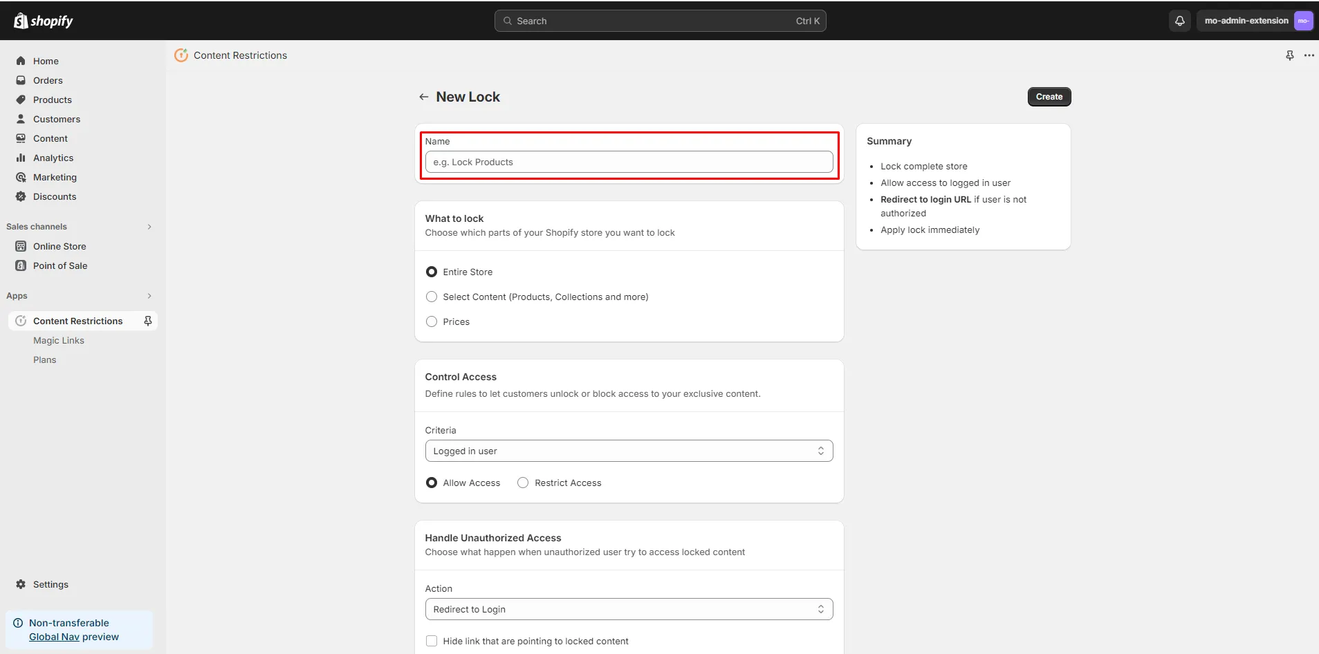 Shopify LockOn Restrict Content Application - - enter lock name