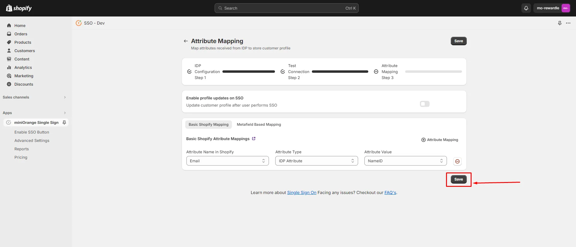 Shopify Okta SSO Login - Save Attribute Mapping