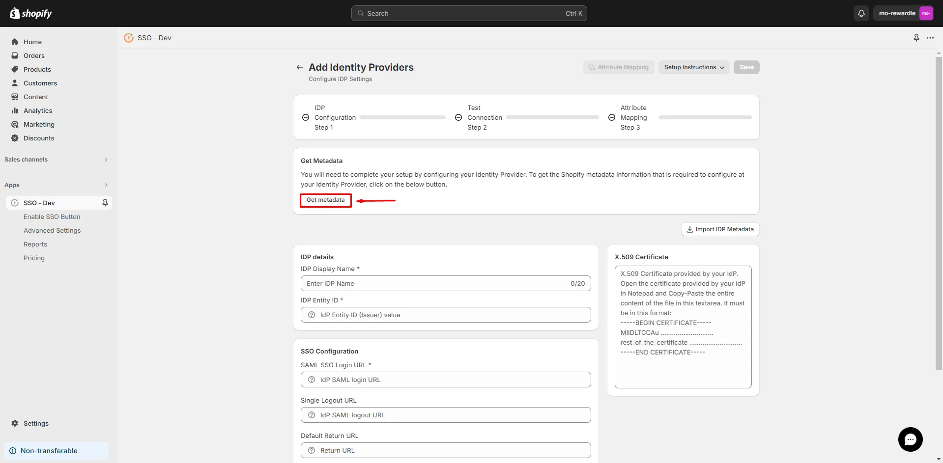 Shopify SSO Login - Click on Get Metadata