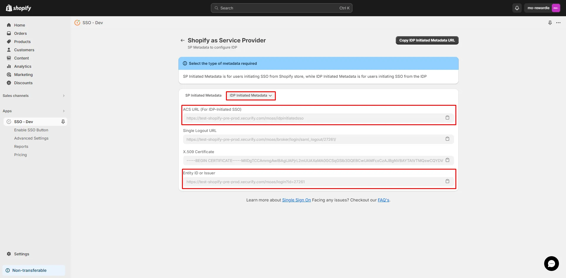 IDP Initiated Metadata - Shopify Azure AD SSO