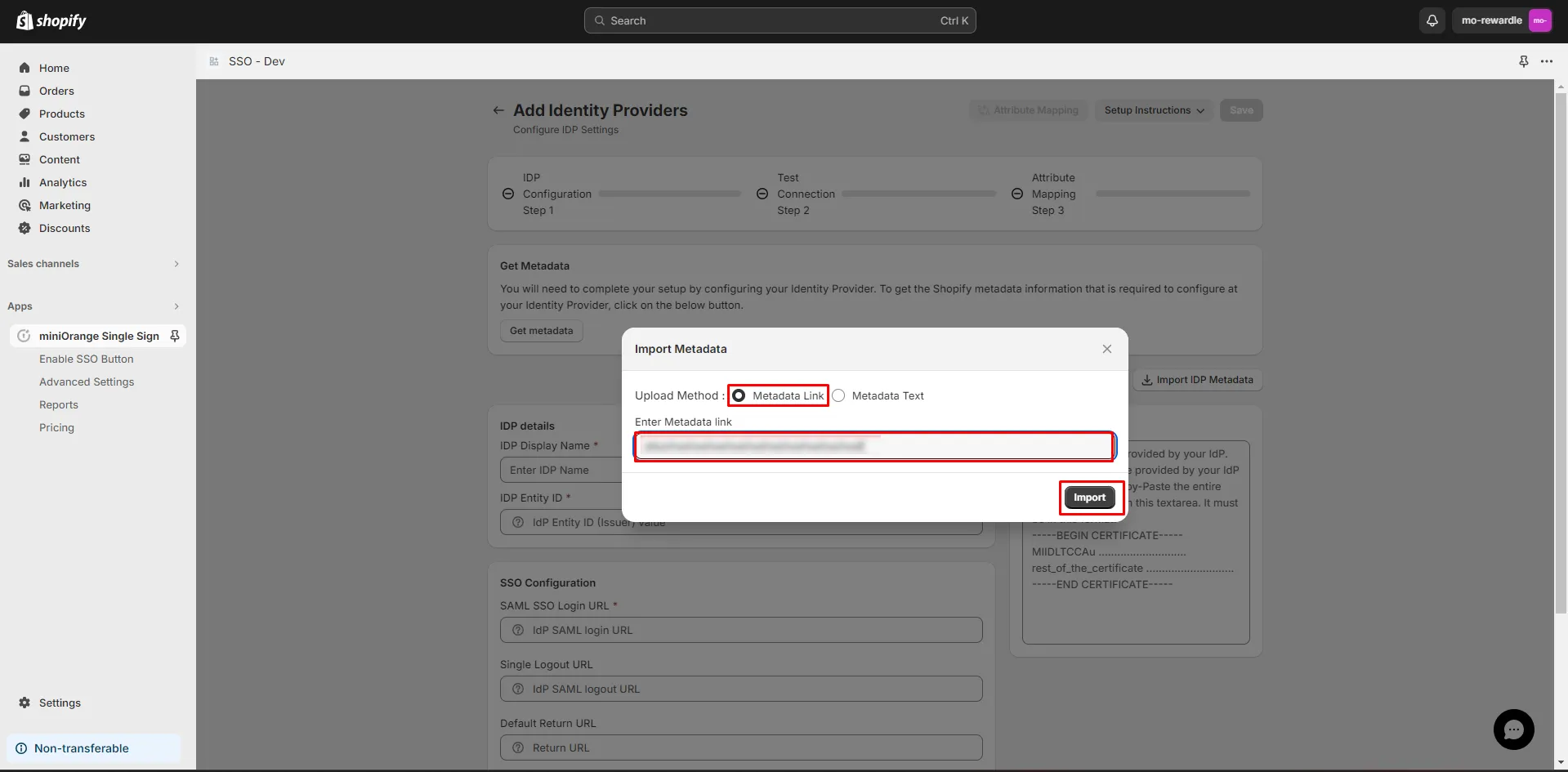 Shopify Okta SSO Login - import Metadata