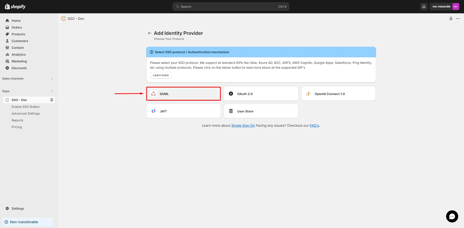 Shopify SSO Login - Select SAML Protocol