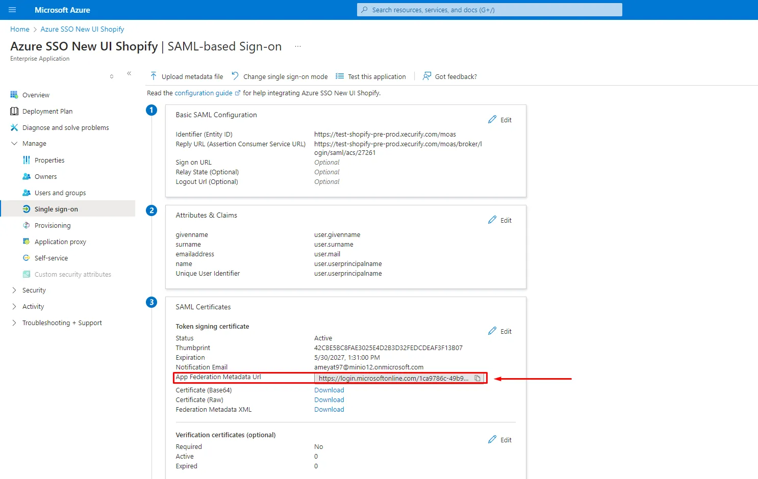 App Federation Metadata URL - Shopify Azure AD SSO