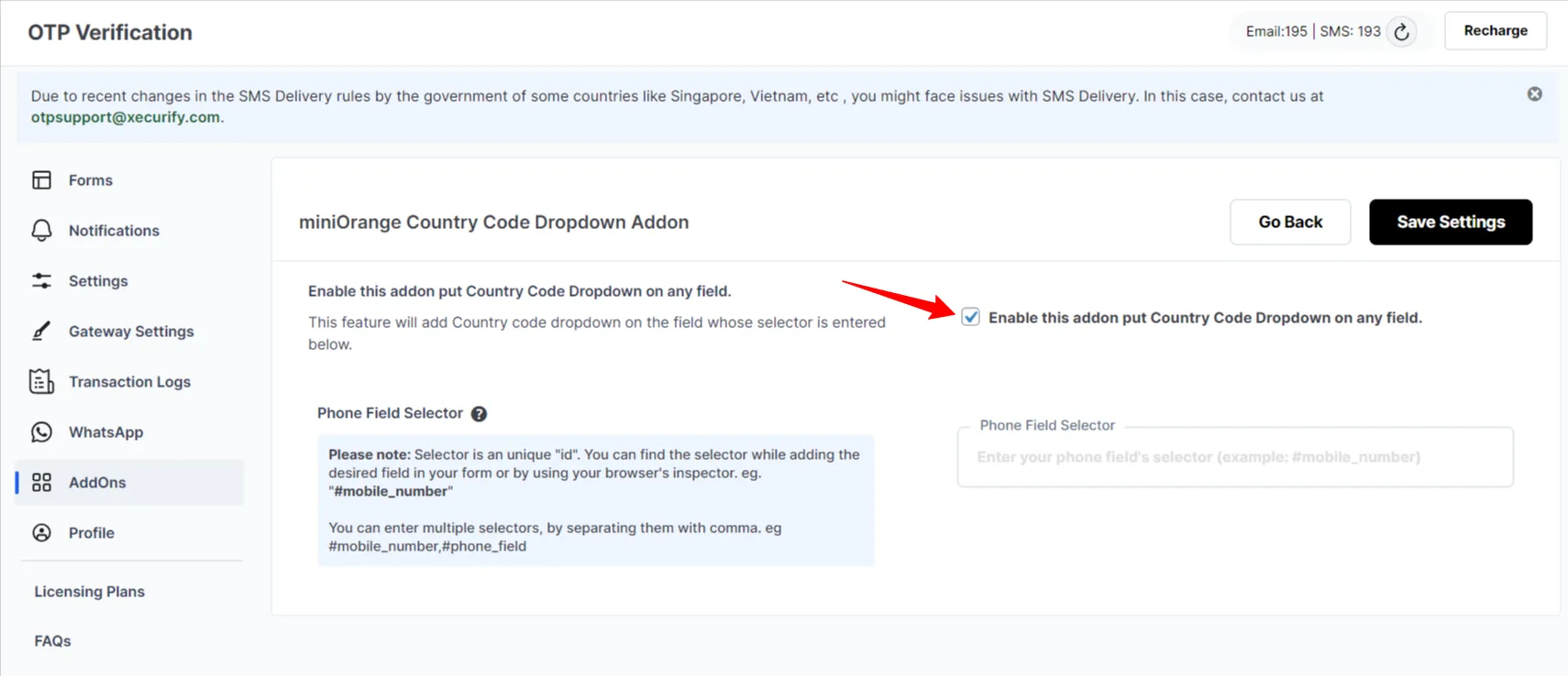 WordPress Country Code Dropdown - Enable checkbox