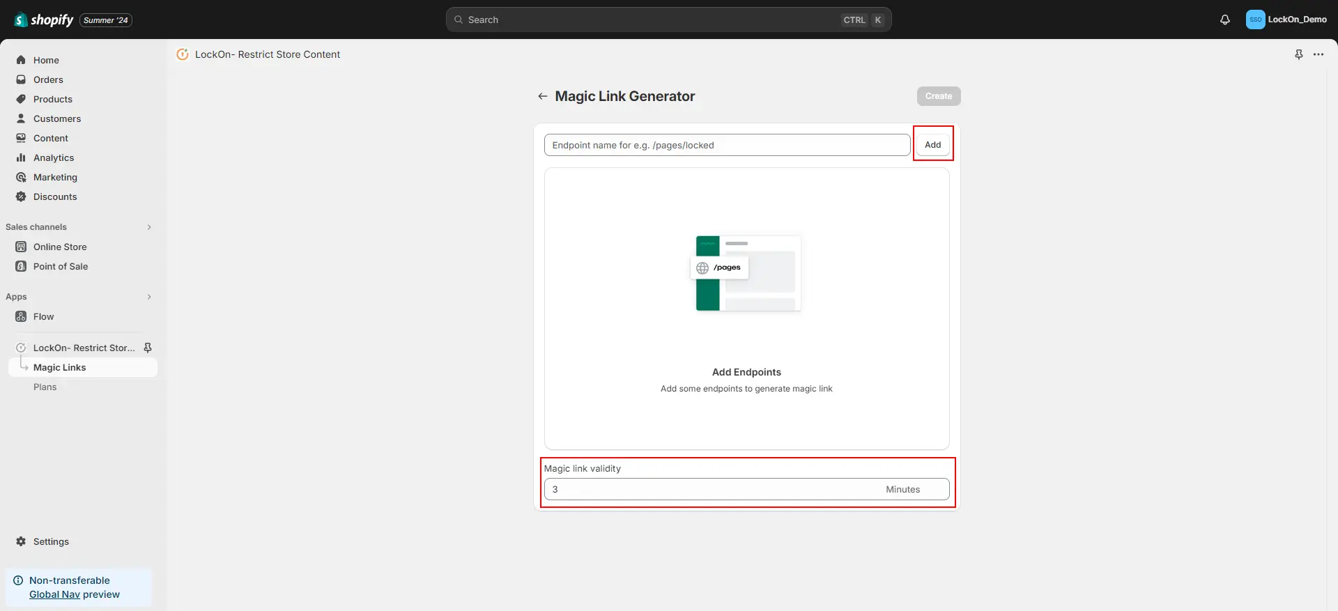 Shopify LockOn Restrict Content Application - Add page and magic link validity