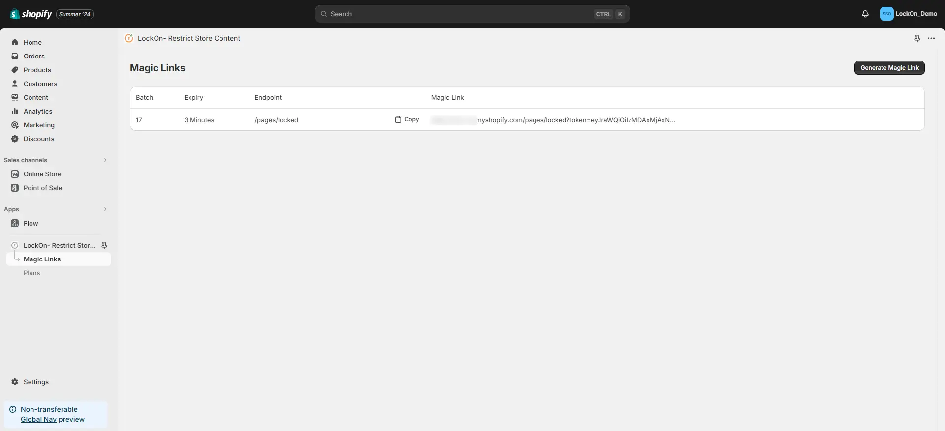 Shopify LockOn Restrict Content Application - Copy the magic link