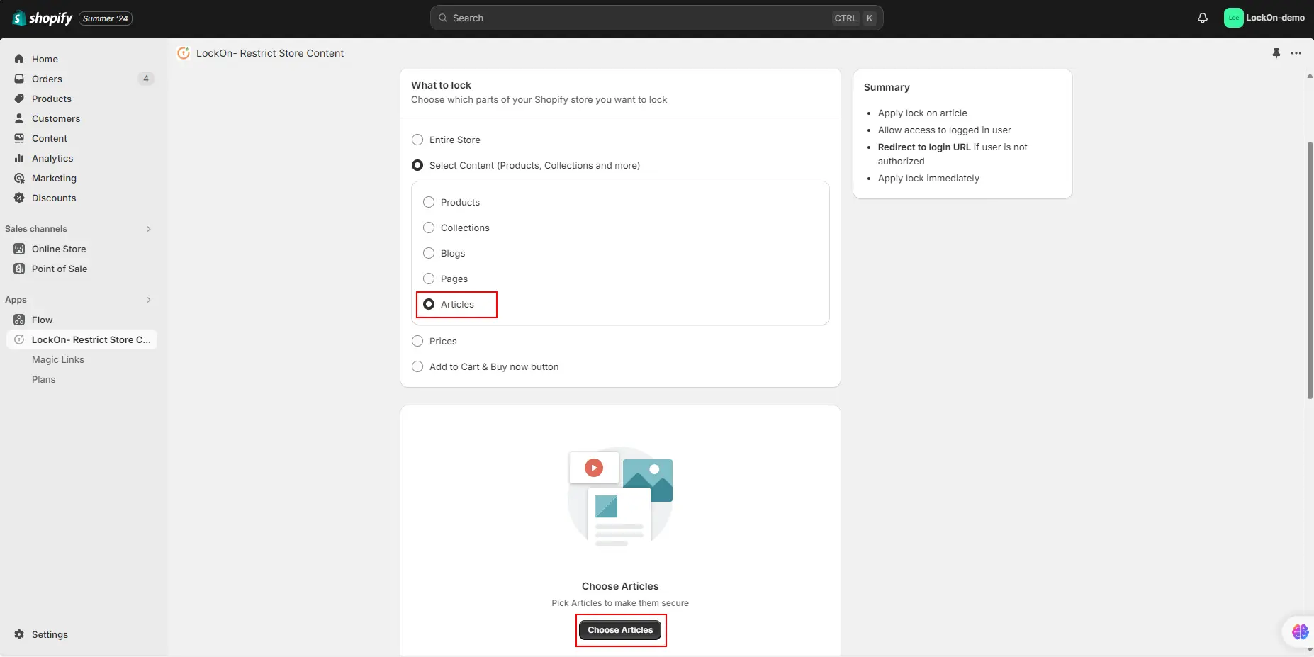 Shopify LockOn Restrict Content Application - Select Articles