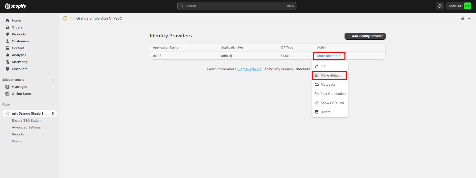 Shopify ADFS SSO Login - Make application Default