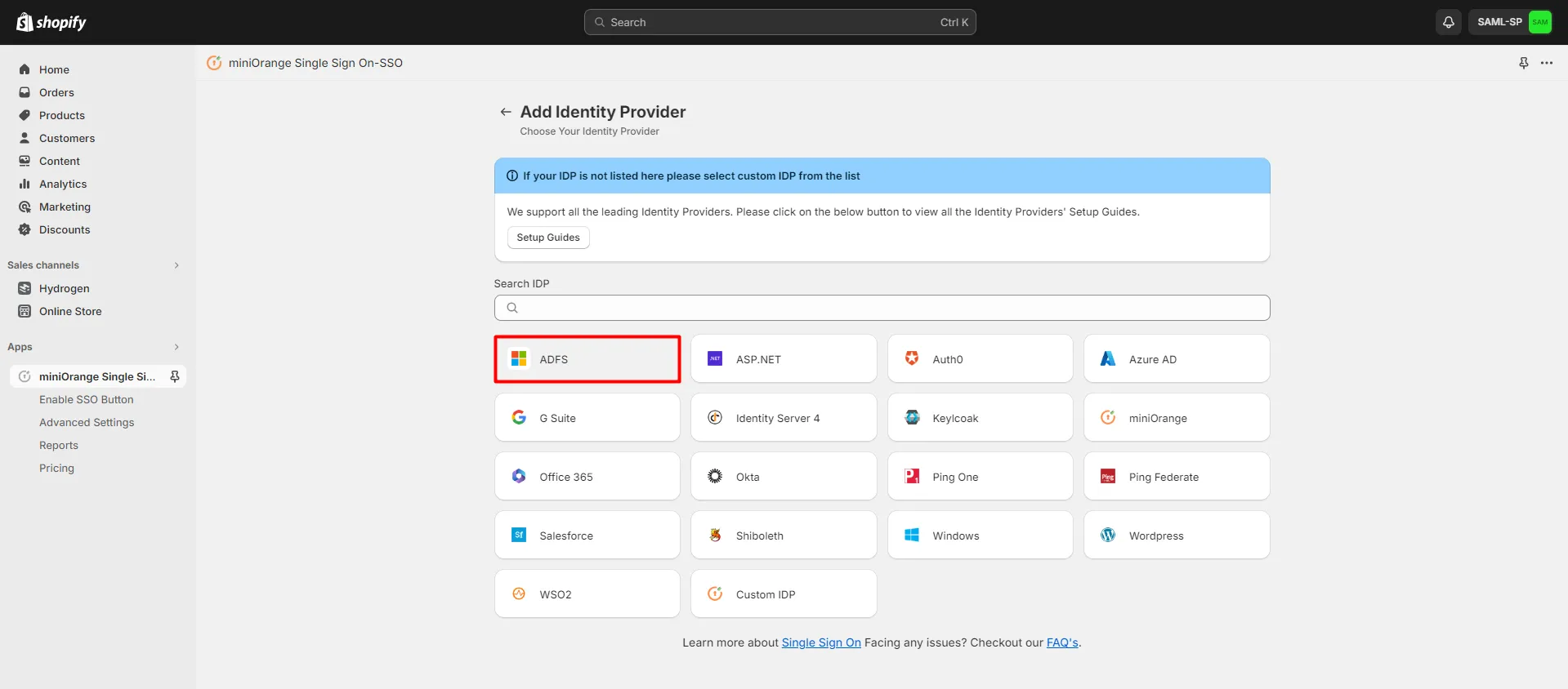 Shopify ADFS SSO Login - Select Okta from IDP List