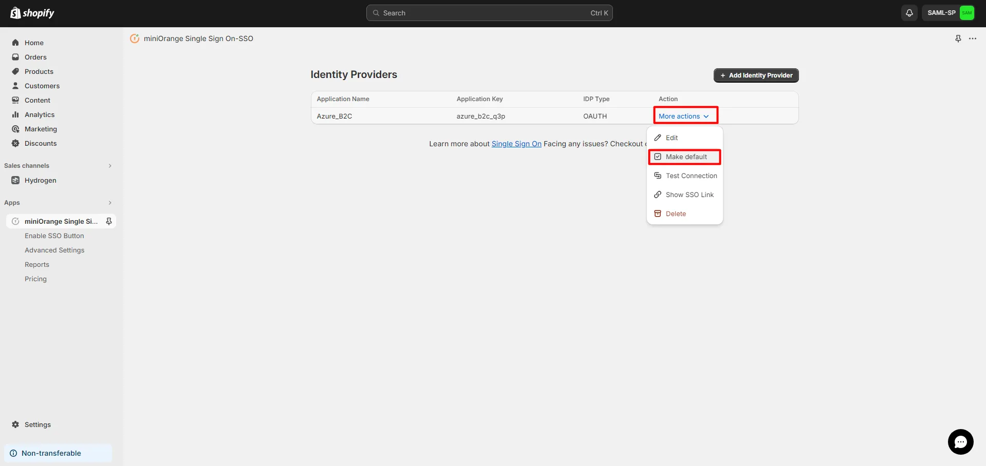 Azure AD B2C Shopify (SSO) - Make application Default